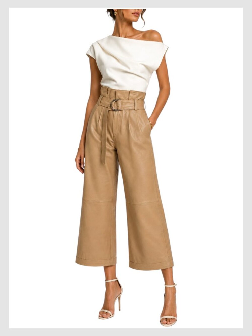 Marissa Webb Lambskin Leather Paperbag Wide Leg Crop Pants Camel Tan S 6